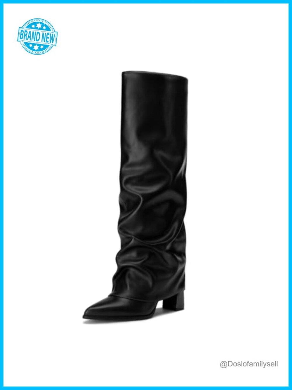 Knee High Boots Chunky Heel Fold Over Faux Leather Pointed Toe Tall Boots